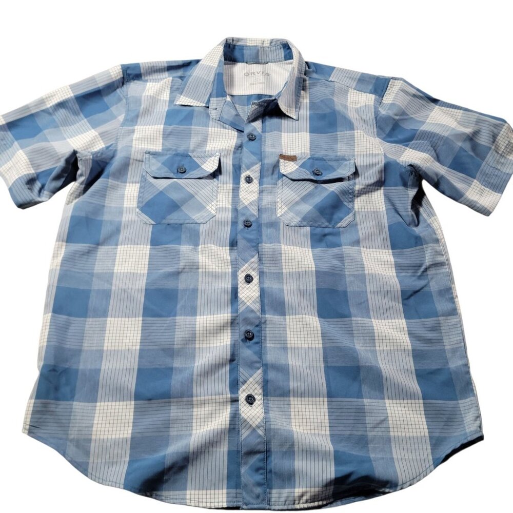 Orvis Shirt Mens Large Blue Short Sleeve Button Up Polyester Hiking Camp Plaid